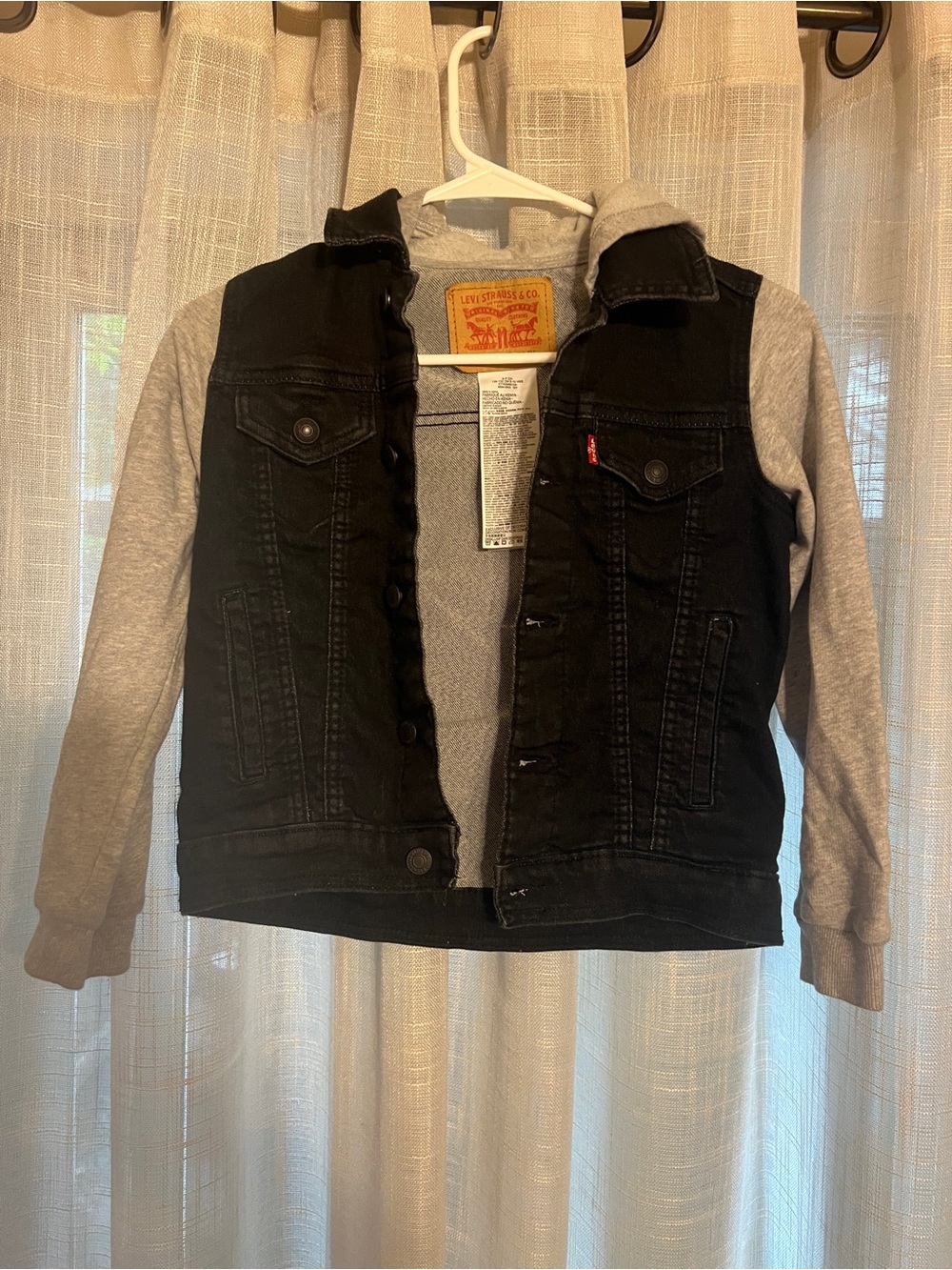 Levi's Kids Black Denim Jacket with Gray Hoodie Sleeves